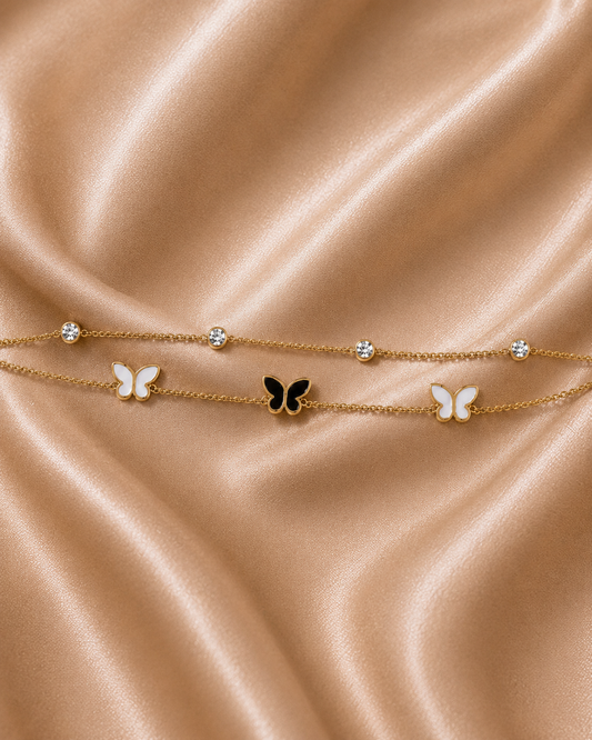 Chaine de cheville double chaîne papillon blanc/Noir